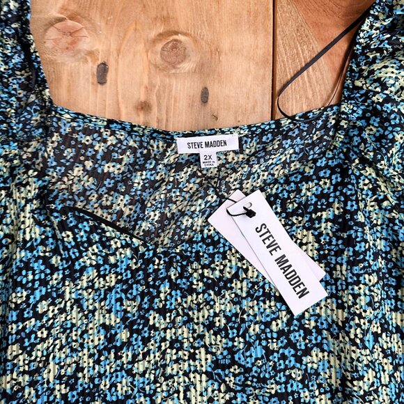 NWT Steve Madden Floral Blouse Lined 2X‎ Blue Yellow Top Women's Plus - Picture 4 of 8